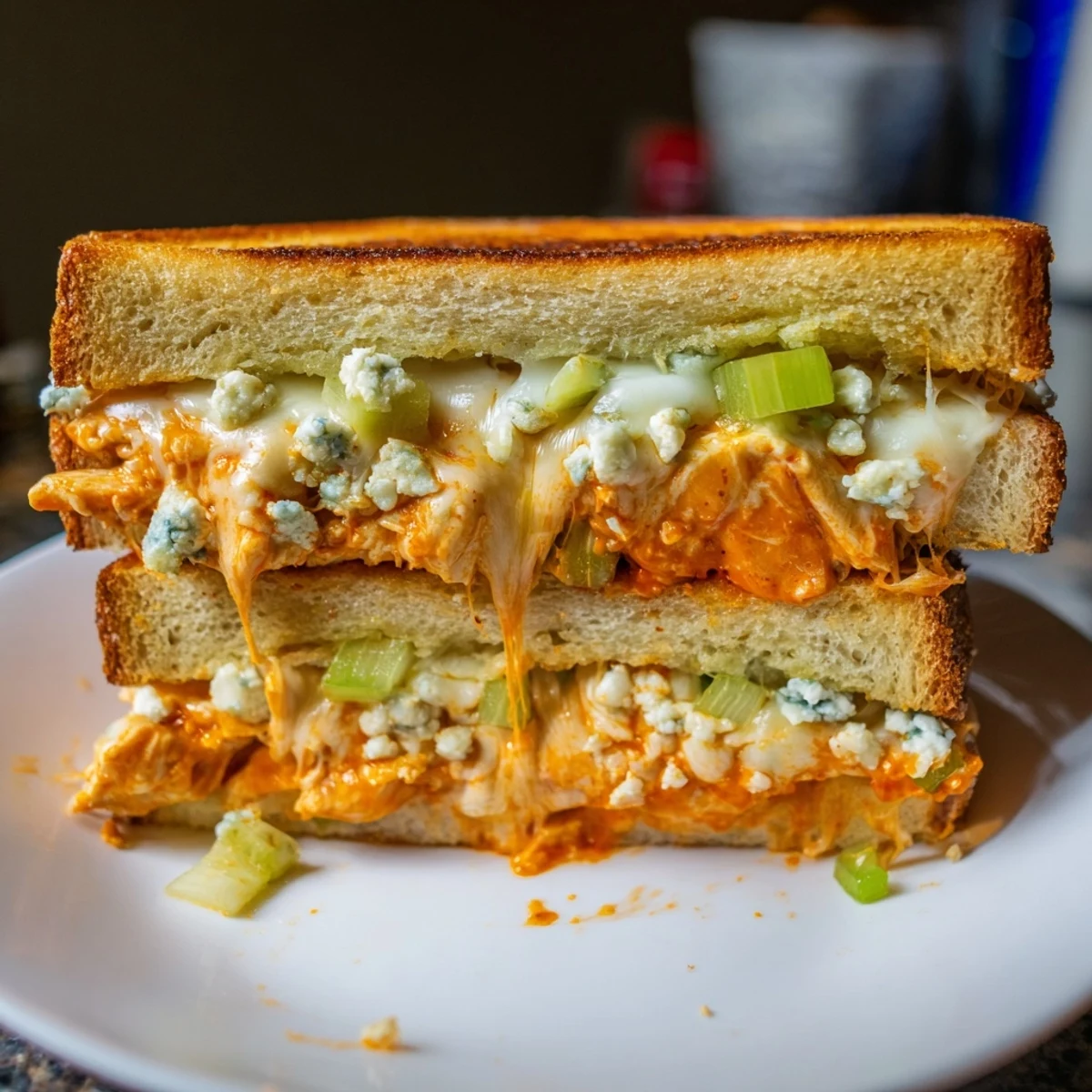 Buffalo chicken grilled cheese sandwich, oozing melted cheese and spicy buffalo chicken filling.