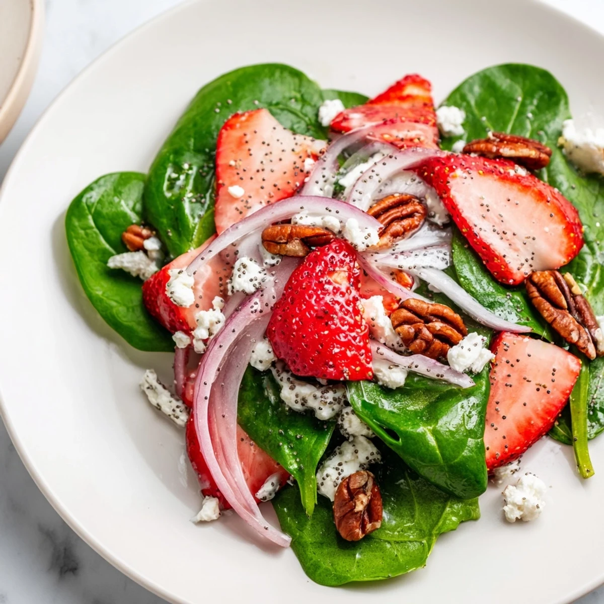 Bright image shows a healthy spinach strawberry salad with sweet poppy seed dressing, ideal for summer.