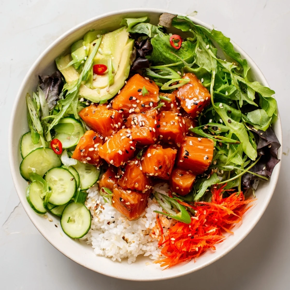 Vibrant poke bowl salad with fresh, glistening salmon cubes and colorful veggie toppings.