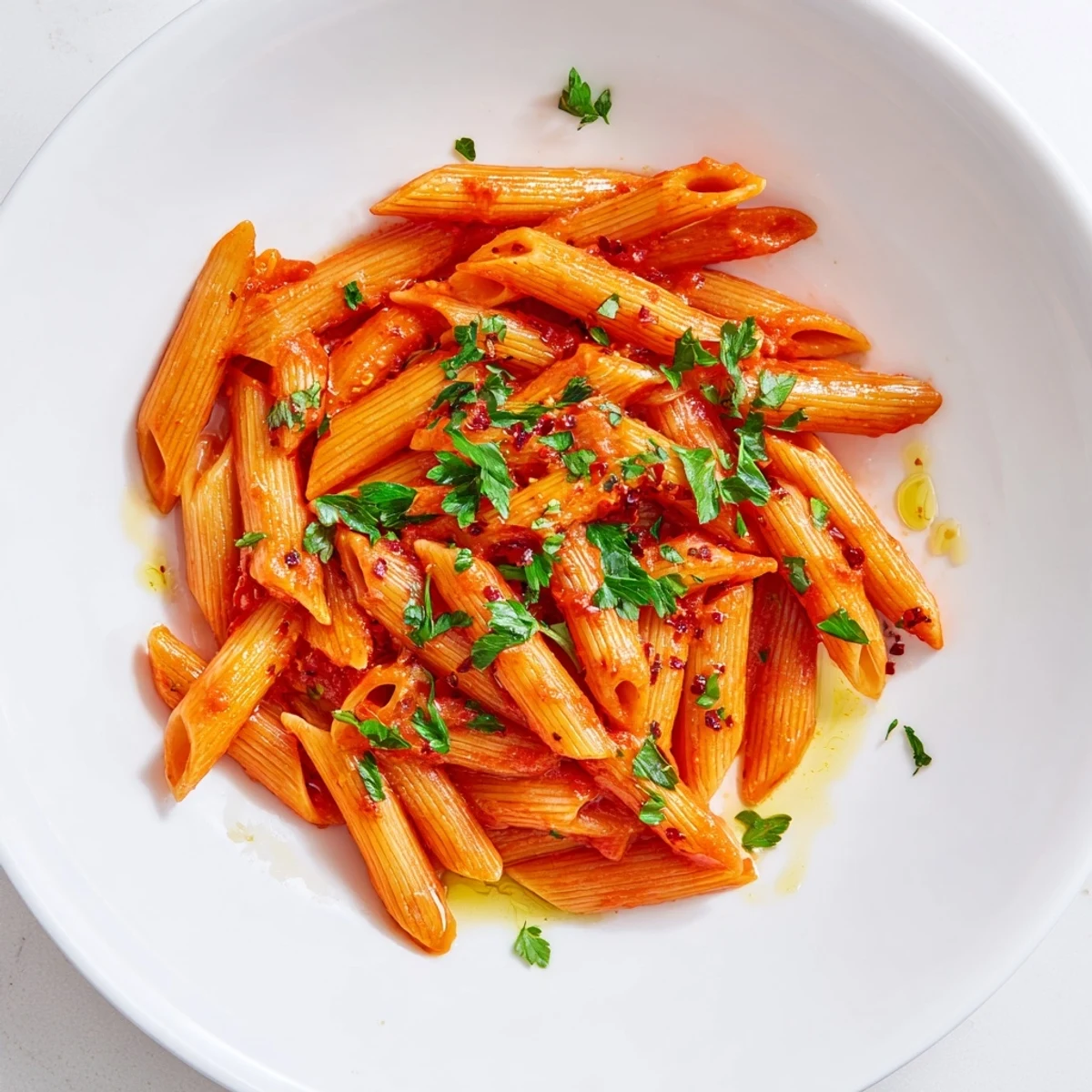 Close-up of vibrant penne all'arrabbiata, garlic and chili flakes permeating the spicy tomato sauce.