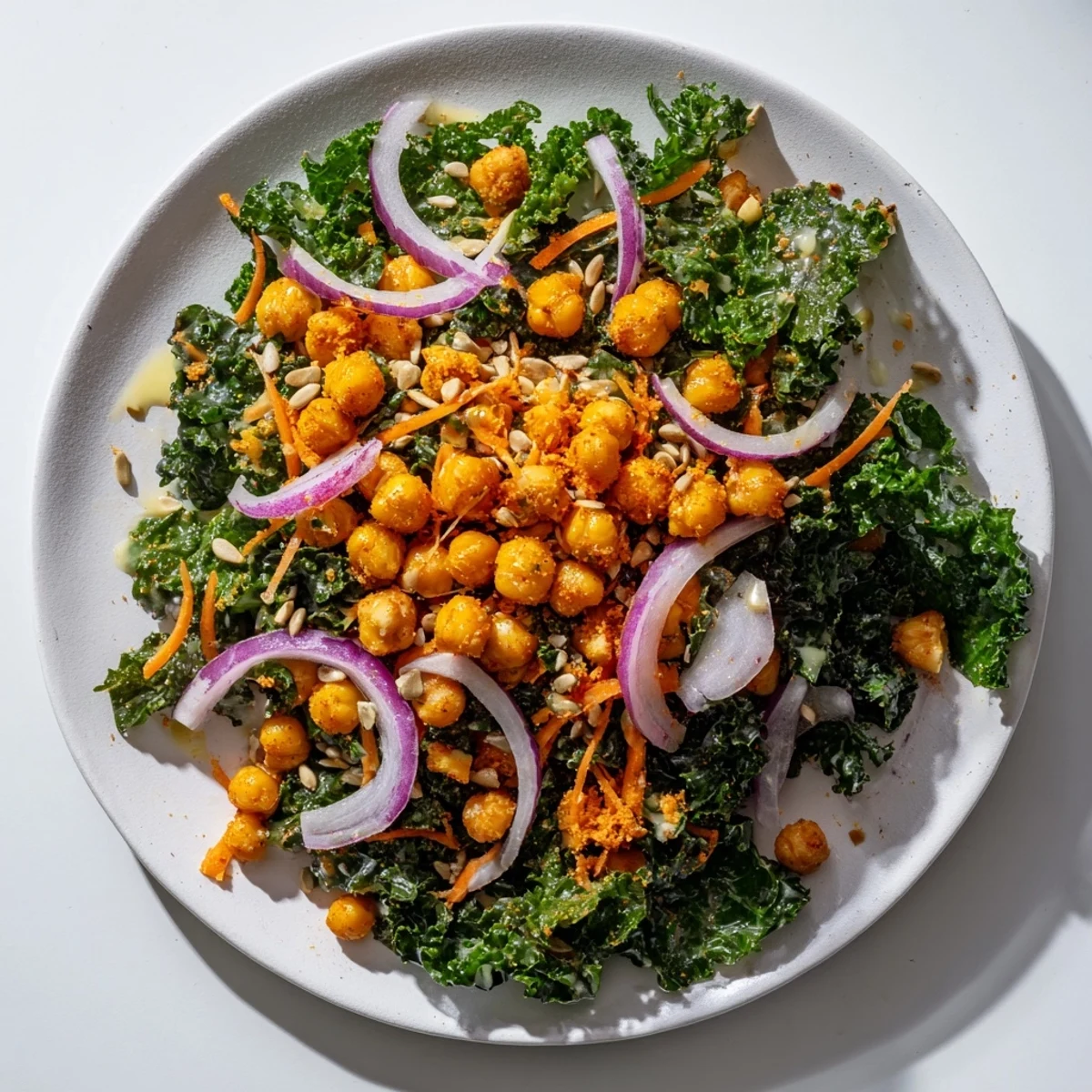 Vibrant image shows a healthy kale salad with roasted chickpeas, ready to eat and enjoy.