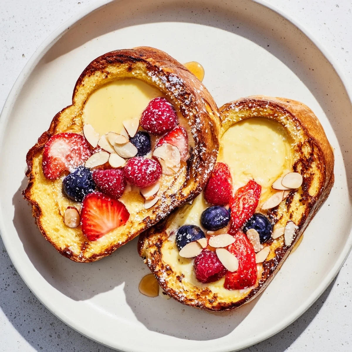 Golden-brown Custard Toast with glistening berries and a soft, creamy center, delicious for brunch.