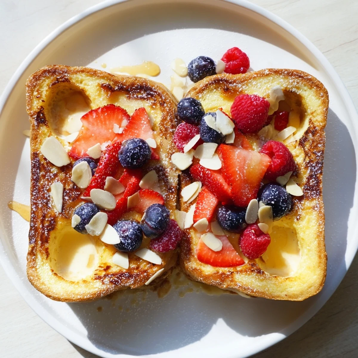 Enjoy the fluffy texture of Custard Toast, baked until golden, with optional fresh berry toppings.