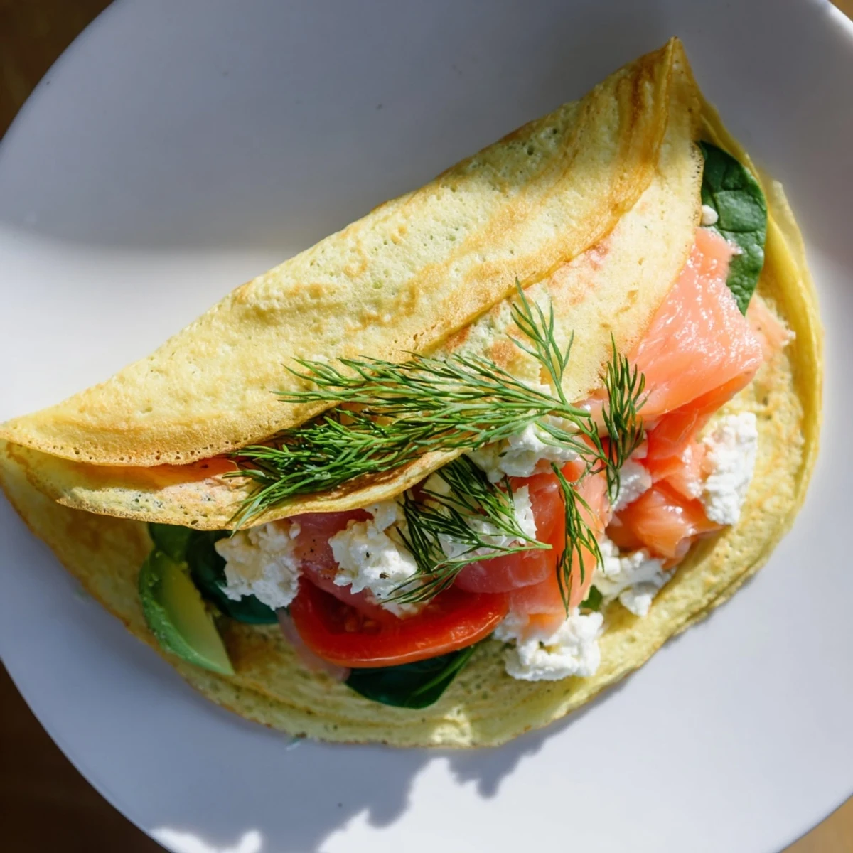 Golden-brown Blender-Egg Crepe Wrap filled with fresh spinach and creamy avocado, ready to eat.