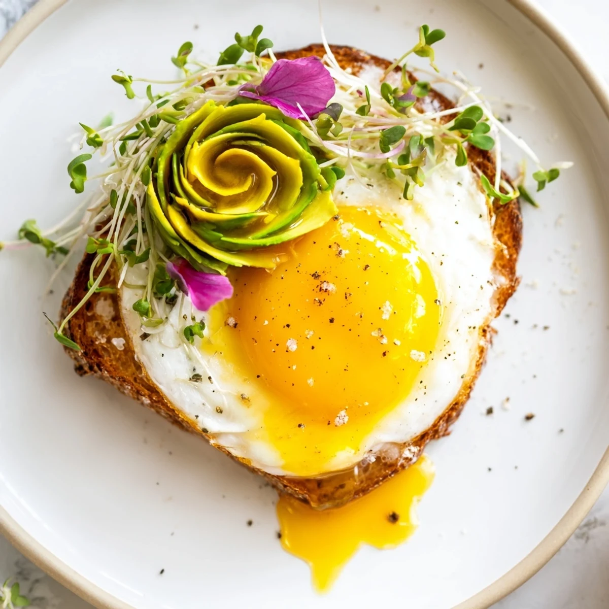 Fluffy Cloud Toast 2.0 with golden egg whites, avocado roses, and a drizzle of honey.