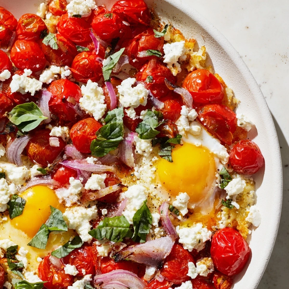 Fresh basil tops the flavorful Tomato Feta Baked Eggs, a simple, delicious Mediterranean brunch idea.