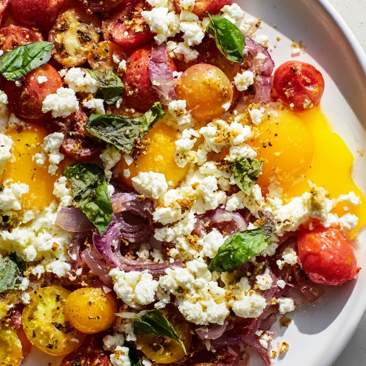 Golden yolks peek from the delicious Tomato Feta Baked Eggs, served hot from the oven with fresh herbs.