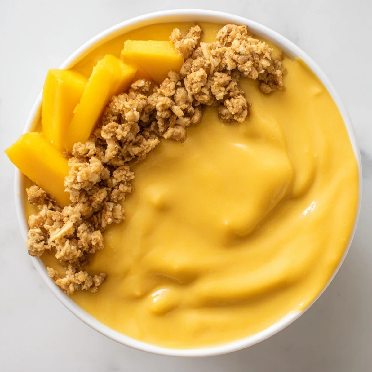 Vibrant image of chilled Mango Blended Overnight Oats; a tropical breakfast ready to enjoy with a spoon.