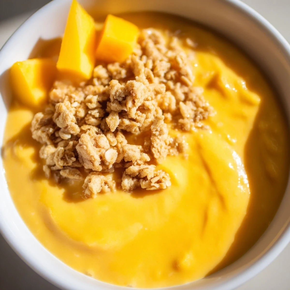 Smooth, creamy Mango Blended Overnight Oats, topped with crunchy granola and fresh mango slices for breakfast.