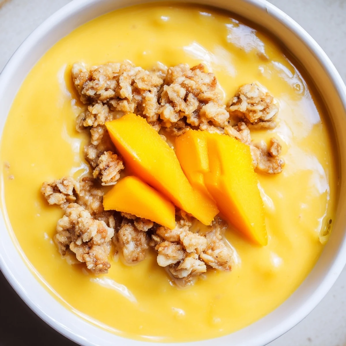 Close-up of fluffy Mango Blended Overnight Oats, blended until silky smooth, ready to eat for breakfast.