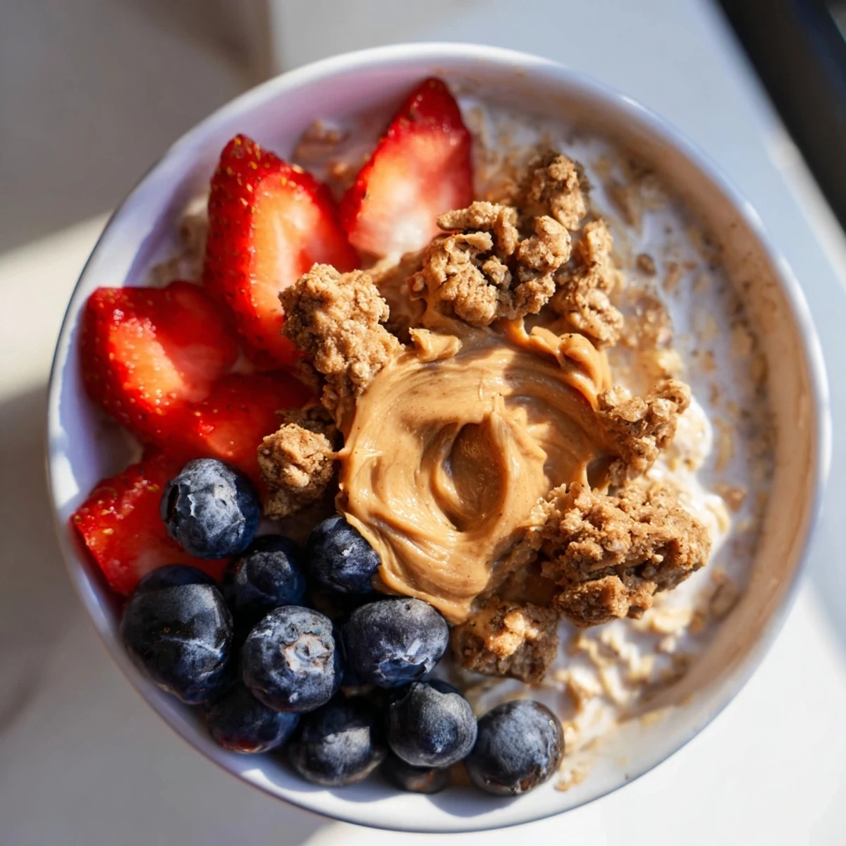 A close-up of gourmet overnight oats with a swirl of almond butter and fresh berries.