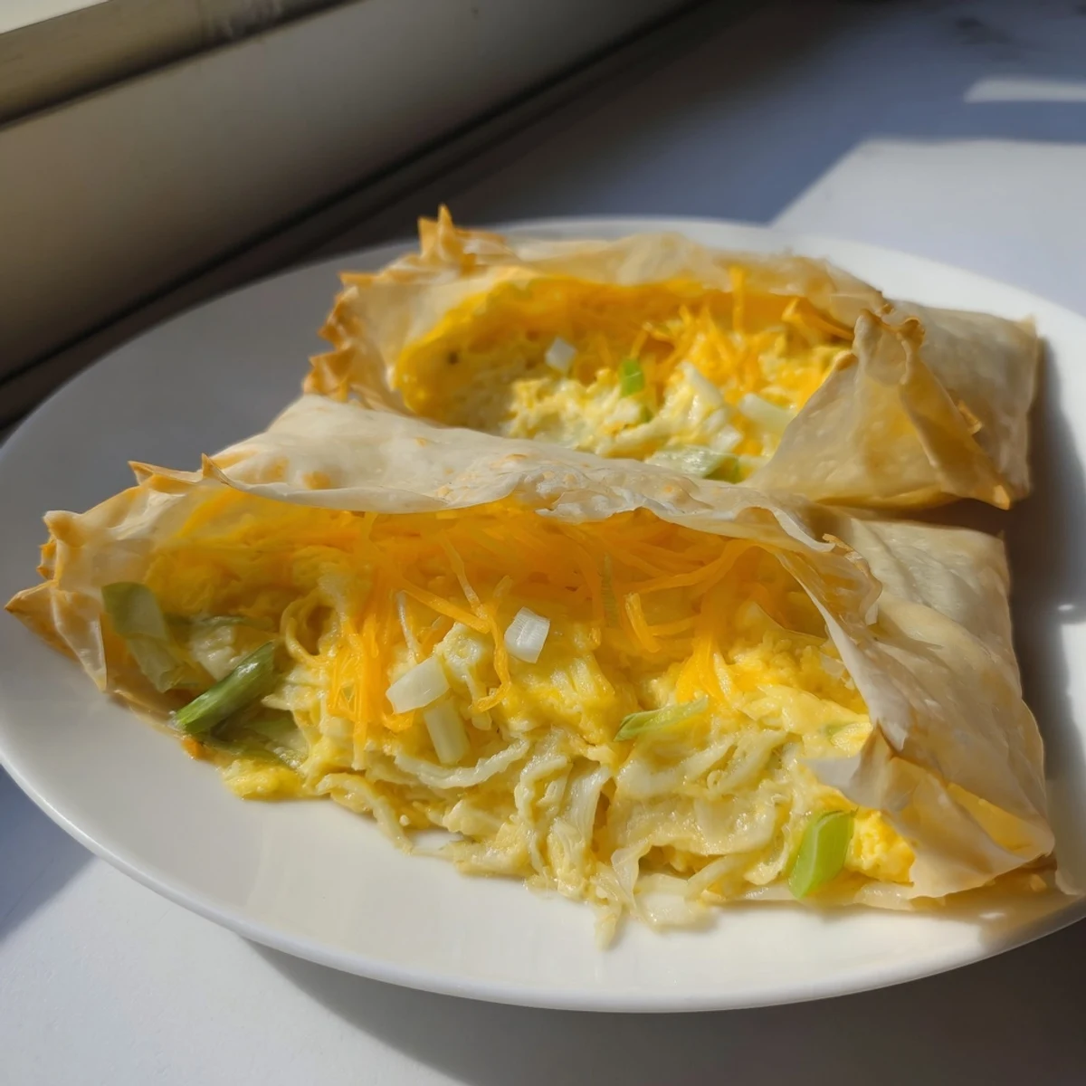 Enjoy a close-up of the delicious Rice Paper Egg & Cheese Fold: the perfect blend of cheese, and fluffy eggs.