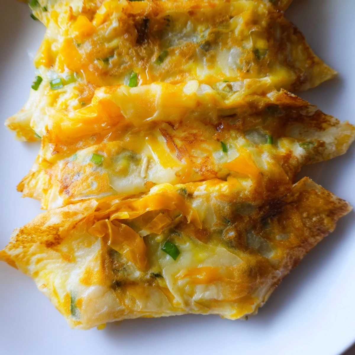 Golden, crispy Rice Paper Egg & Cheese Fold, a quick breakfast with melted cheese and scallions inside.