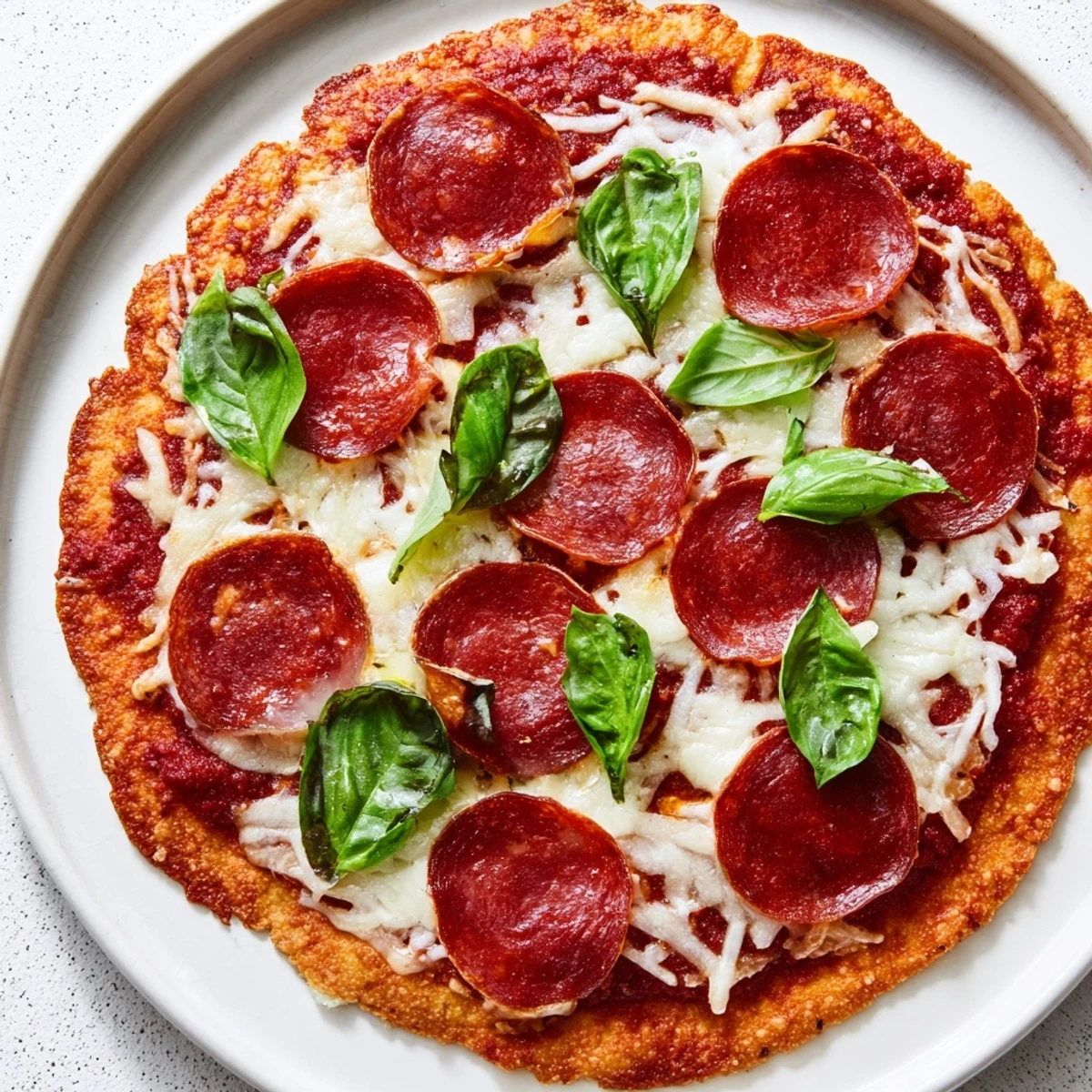 Crispy ground beef pizza base topped with melted mozzarella and savory pepperoni slices.