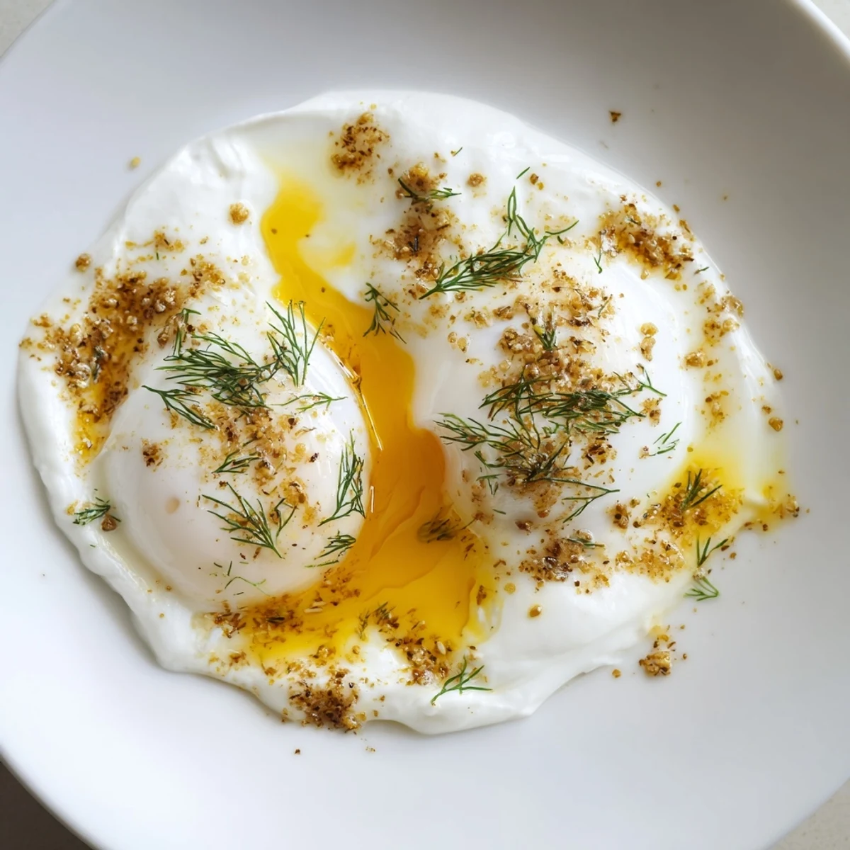 A vibrant photo: creamy Greek yogurt topped with poached eggs and delightful Cilbir spiced butter.