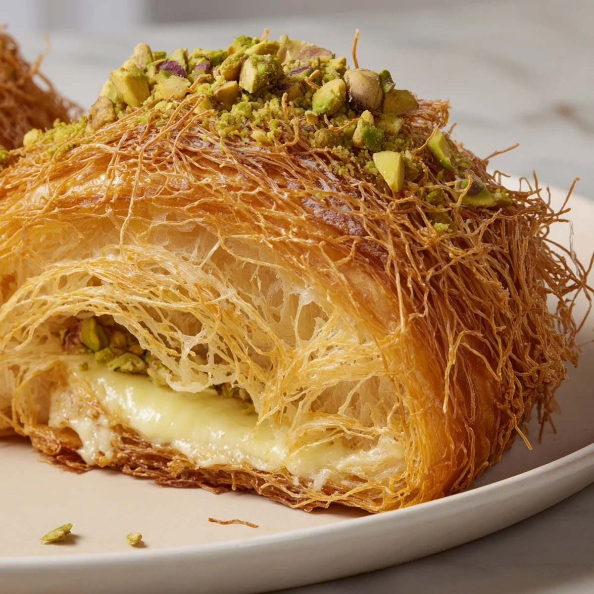 Golden, flaky Pistachio Cream Croissants, a delightful treat filled with rich green pistachio cream.