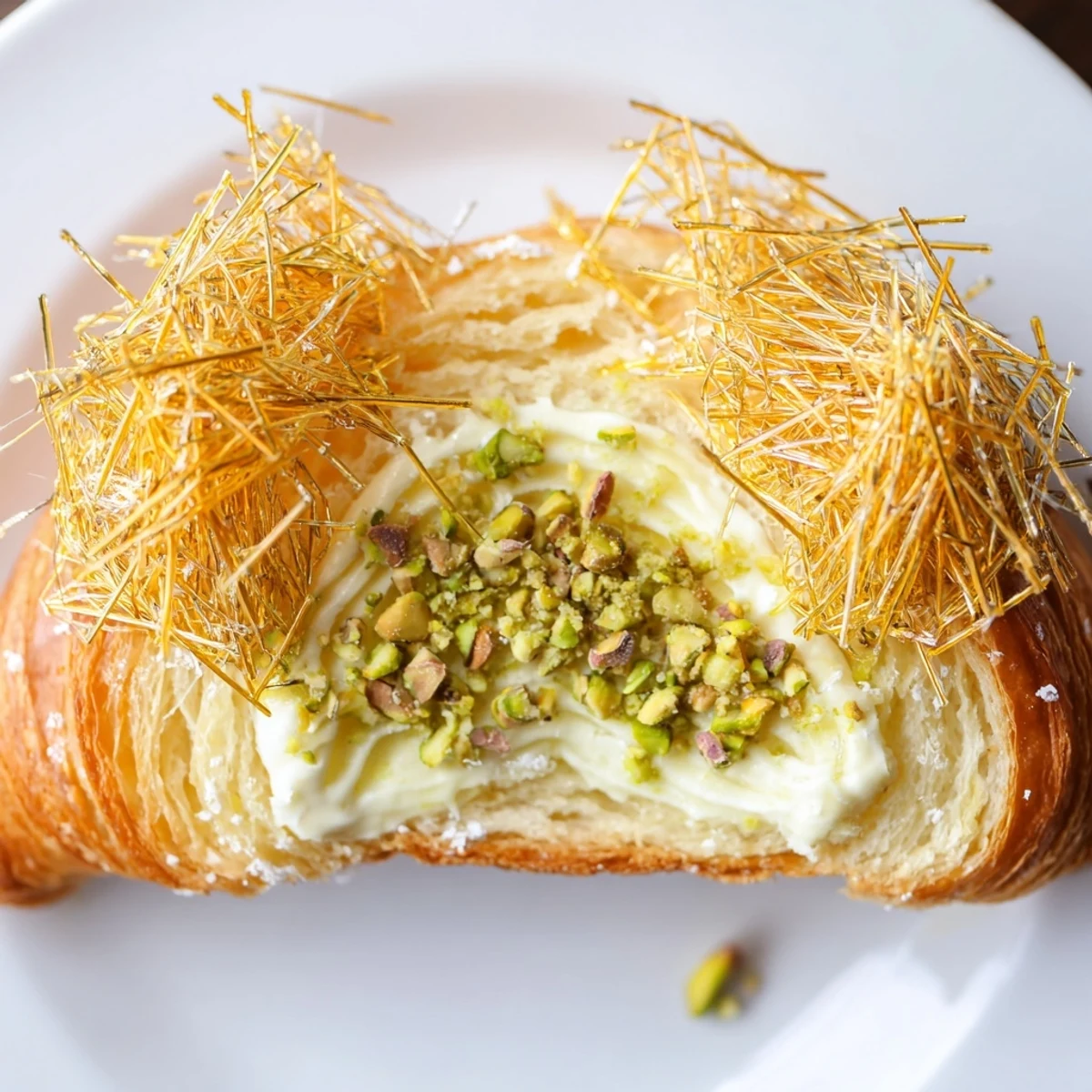 Warm, buttery Pistachio Cream Croissants with a crisp phyllo topping: a perfect pastry for brunch.