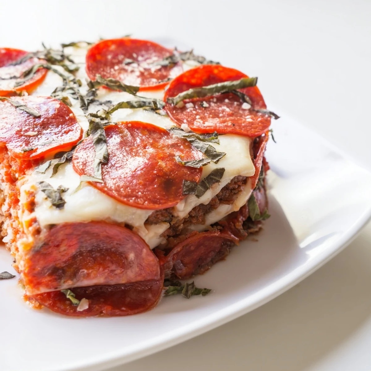Hearty Meat Pizza Pepperoni Stack: A crustless delight with melted cheese, savory beef, and spicy pepperoni.