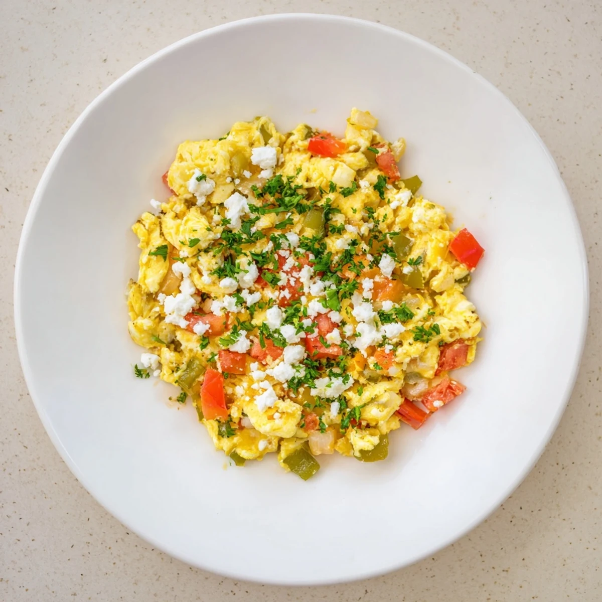 Golden Turkish Menemen scramble, a colorful medley of tomatoes, peppers, and fluffy eggs, ready to eat.
