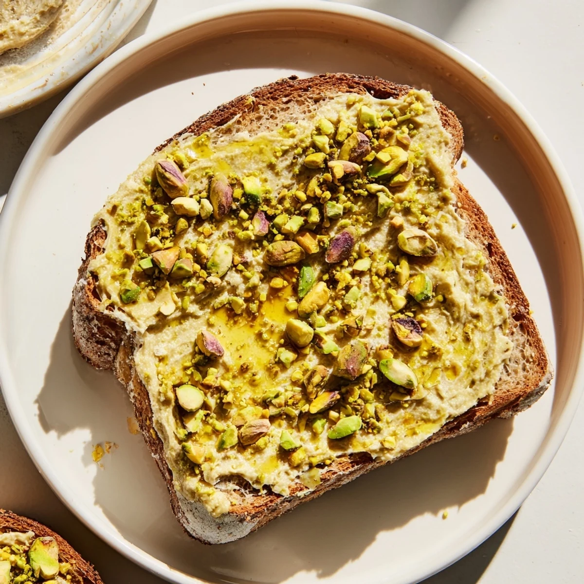 A close-up shot of delicious Pistachio Butter Toast, ready for a sweet breakfast or snack.
