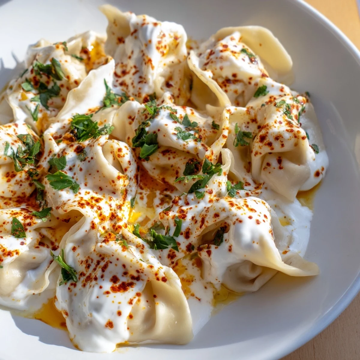 Close-up of a delightful plate of Turkish Cheesy Manti, a flavorful Turkish feast, ready to be enjoyed.