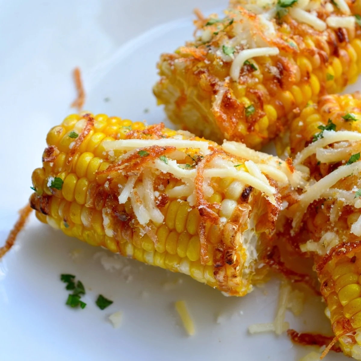 Golden-brown Cheesy Corn Ribs roast on a parchment-lined baking sheet, their edges crisped and melted cheese bubbling over fresh cilantro garnish.  