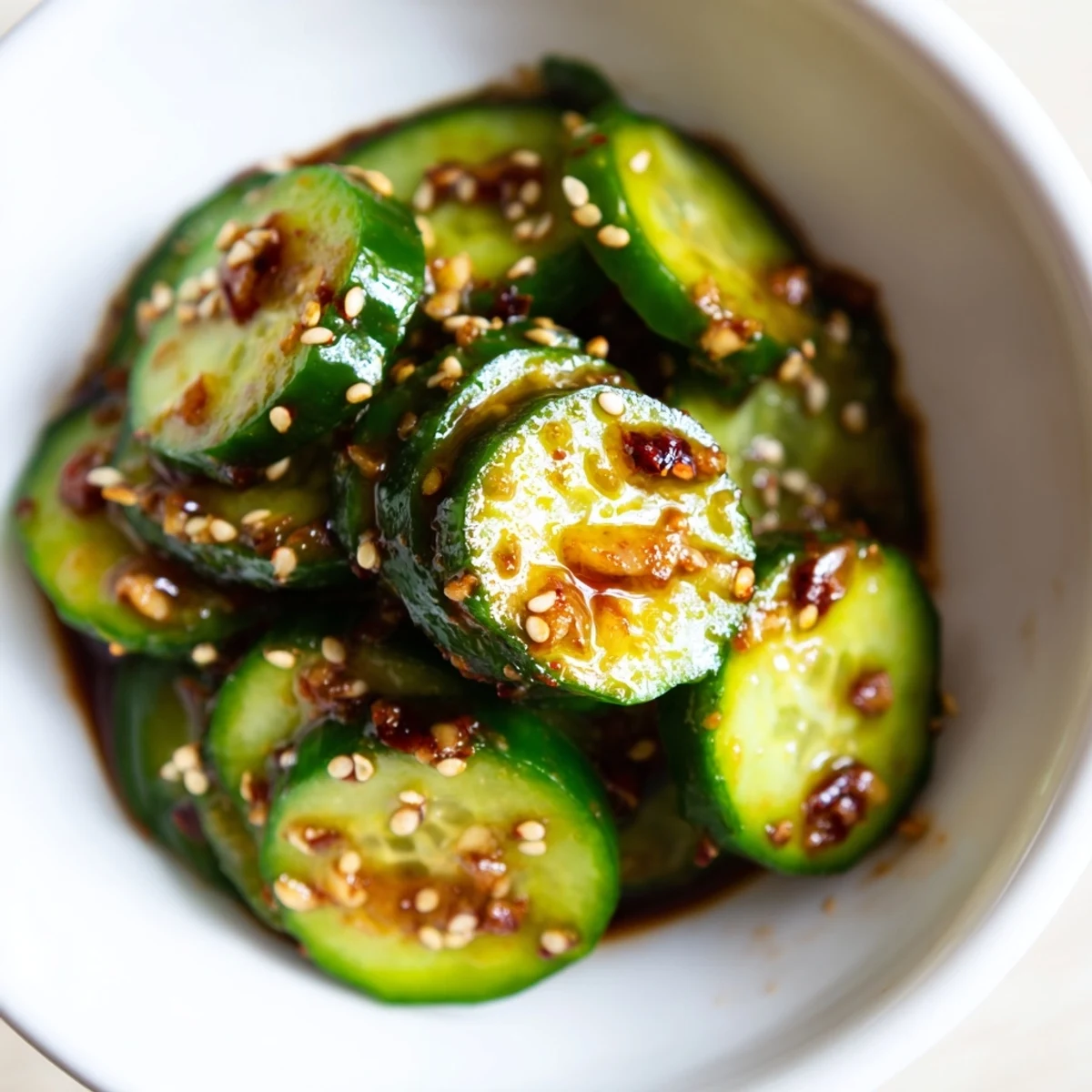Freshly shaken cucumbers coated in sesame oil and chili flakes create a bold, crunchy bite.
