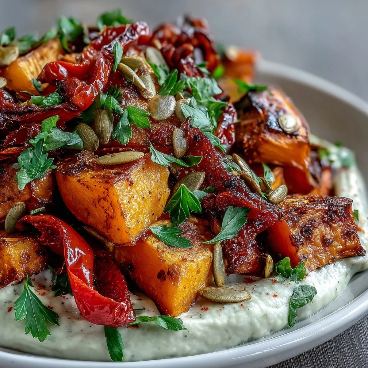 Golden roasted butternut squash and sweet potatoes rest on creamy butter bean hummus, topped with toasted seeds in this vibrant winter salad.  