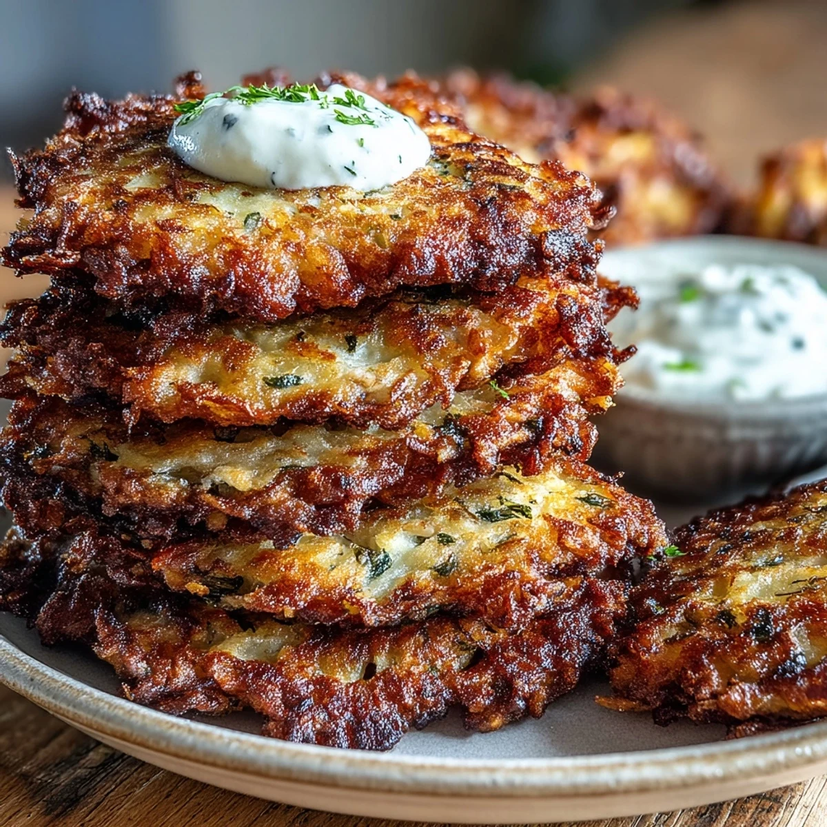 Freshly fried Cabbage Fritters With Dipping Sauce beside a creamy dip, served for a snack. 