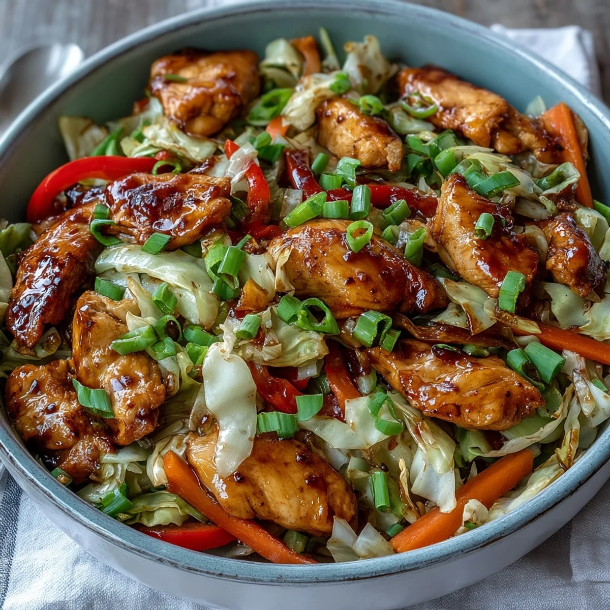 Bright orange carrots and red bell peppers mingle with tender chicken and cabbage in a savory, glistening stir-fry sauce.