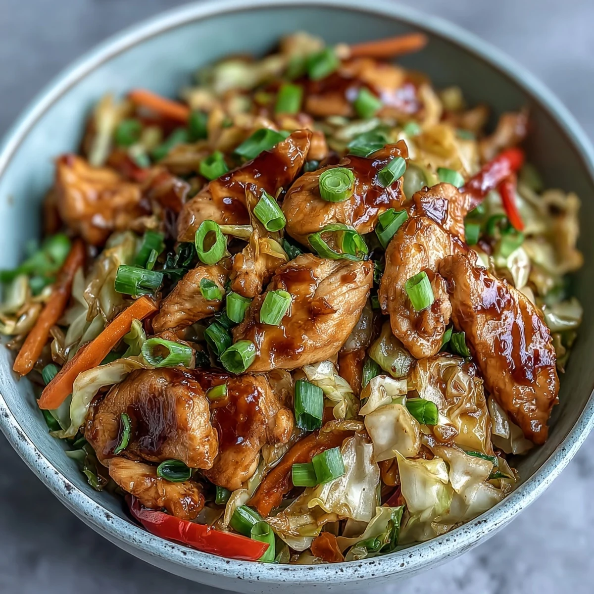 Sizzling chicken and crisp cabbage with green onions are tossed in a rich umami sauce, ready to be served over steamed rice.