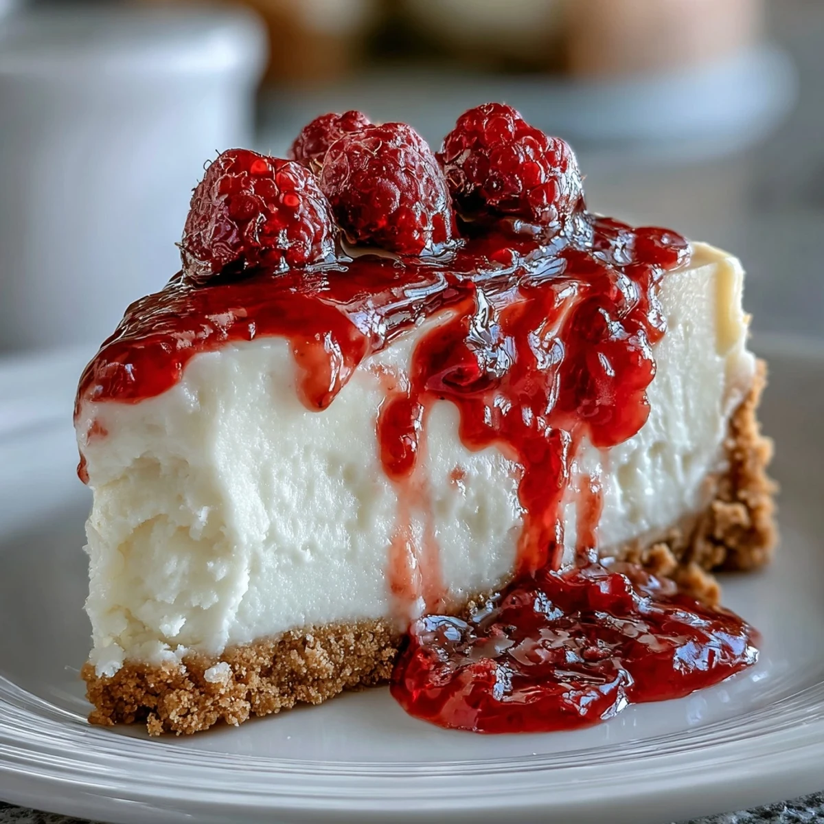 Smooth white chocolate raspberry cheesecake on a plate, garnished with fresh raspberries for serving.