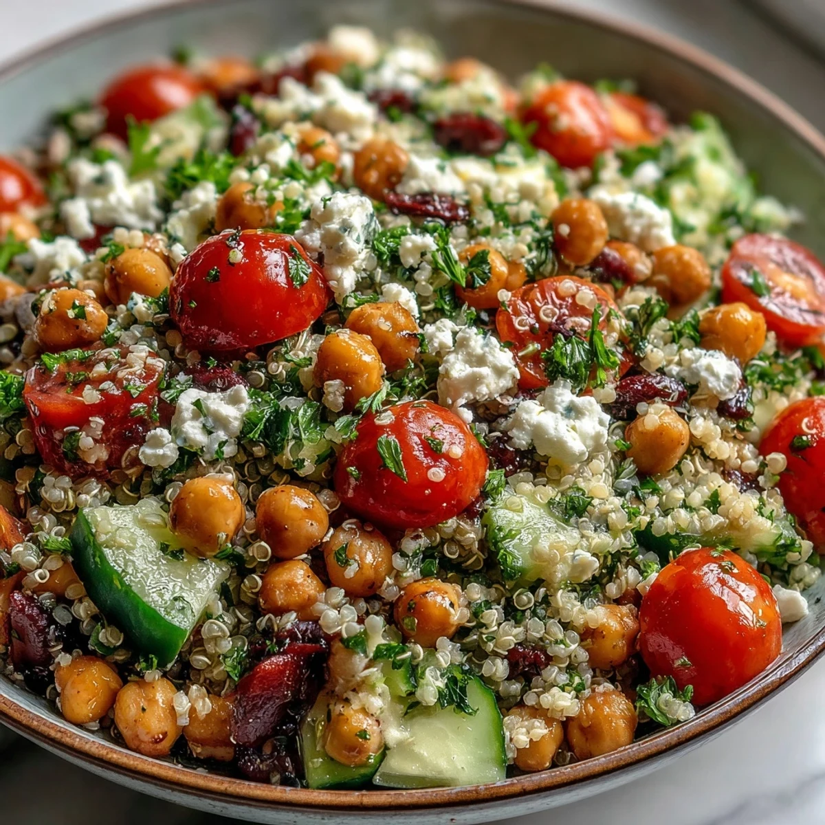 A close-up of a fresh High Protein Quinoa & Chickpea Salad, featuring glistening lemon-olive oil dressing drizzled over colorful vegetables and crumbled feta cheese.  