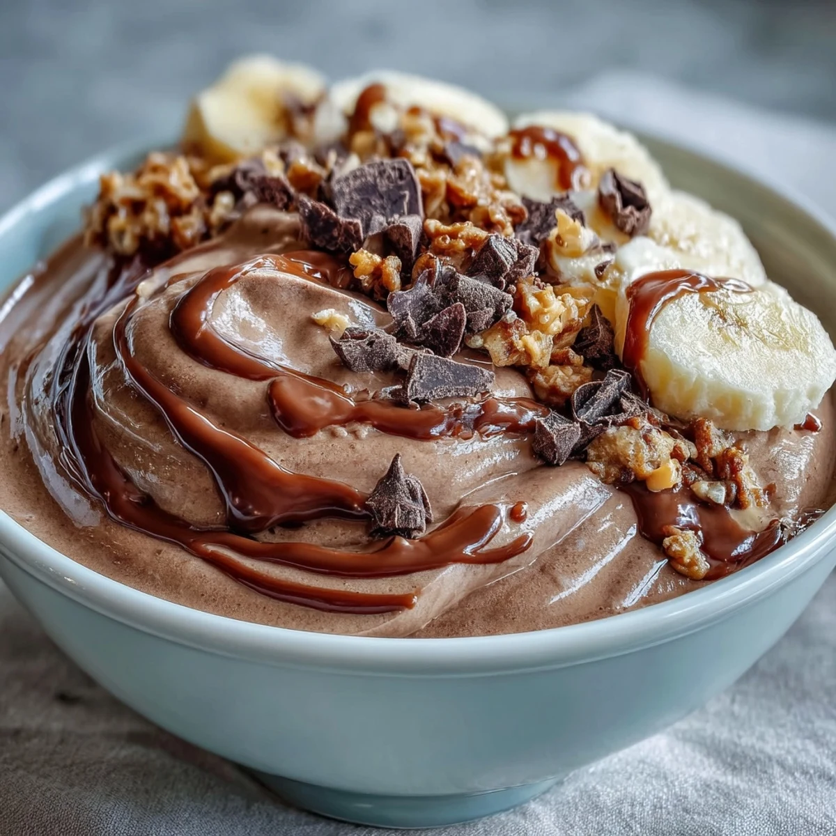 Creamy chocolate peanut butter smoothie bowl topped with banana slices, granola, and a drizzle of peanut butter, served fresh.