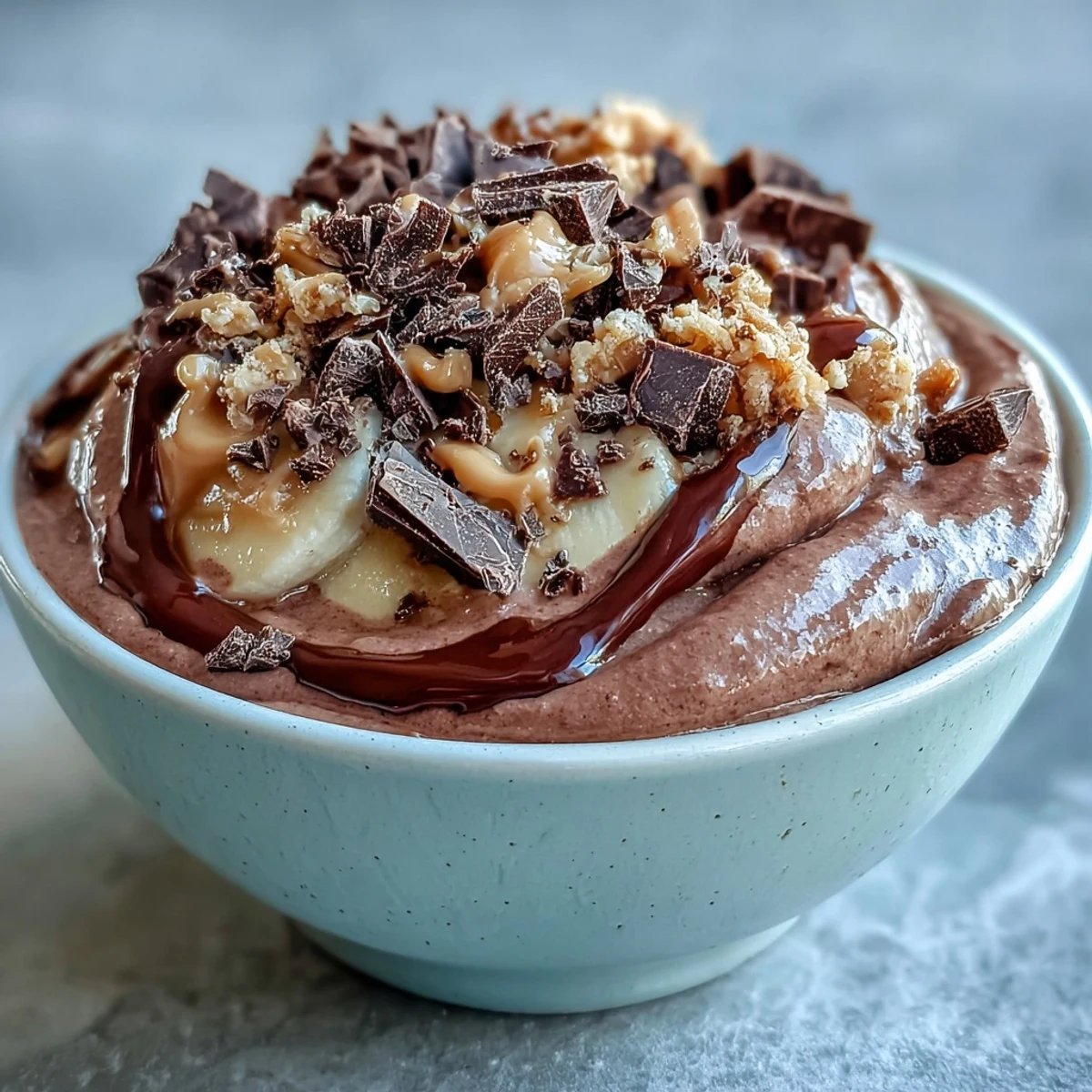Frozen bananas blend with cocoa and peanut butter for a thick, frosty breakfast bowl garnished with dark chocolate and oats.