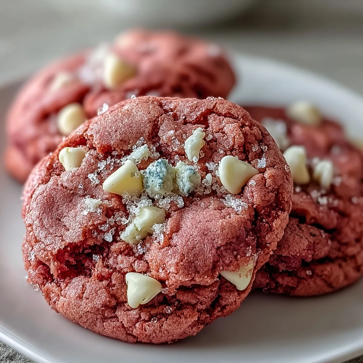 Freshly baked Pink Velvet Cookies with soft centers, vibrant pink hues, and creamy white chocolate chips on a cooling rack.