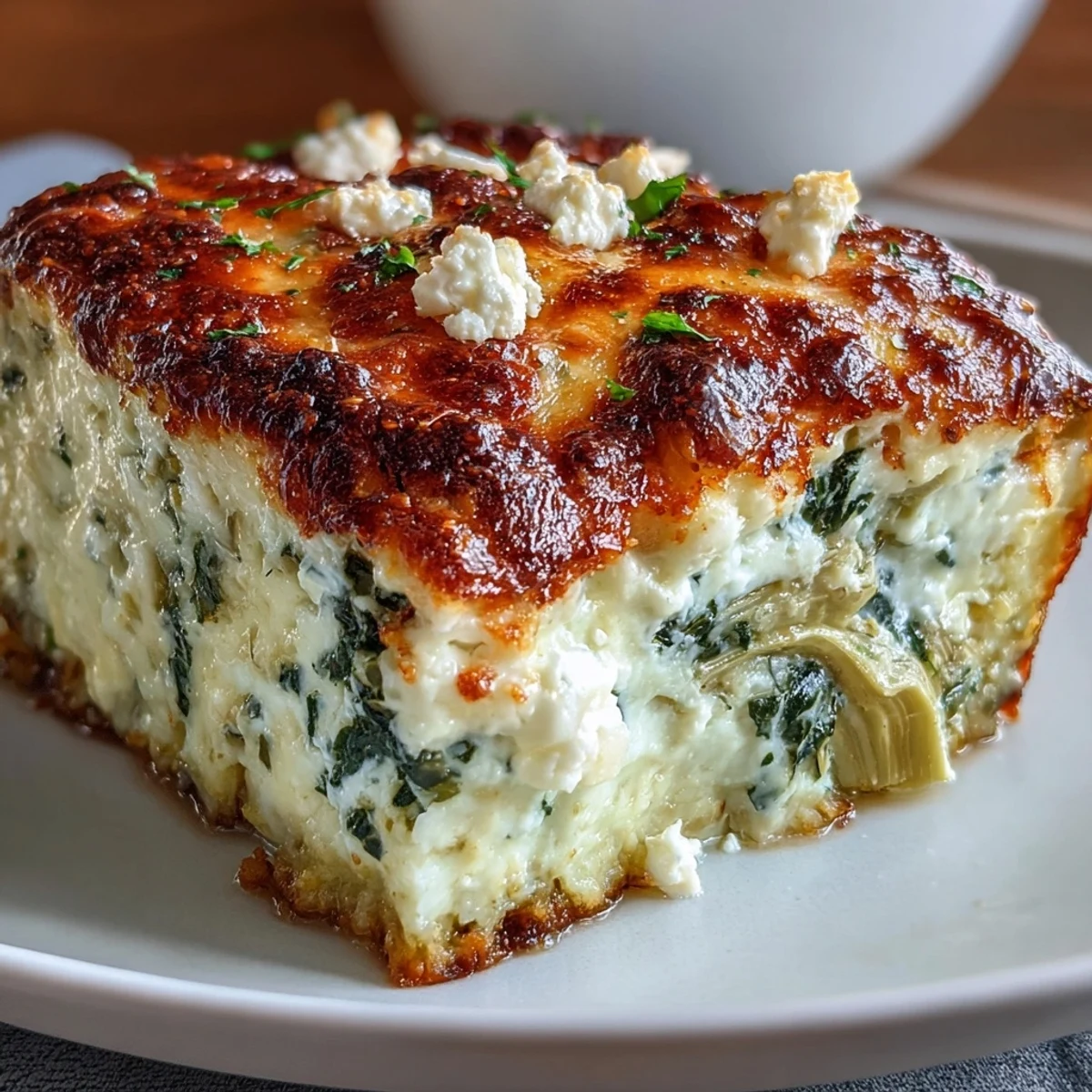 Creamy High Protein Spinach Artichoke Bake served hot, perfect for low-carb meal prep.