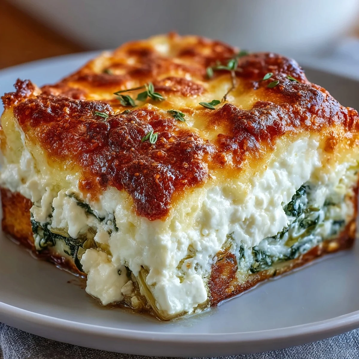 Freshly baked High Protein Spinach Artichoke Bake with bubbly feta and golden Parmesan topping.