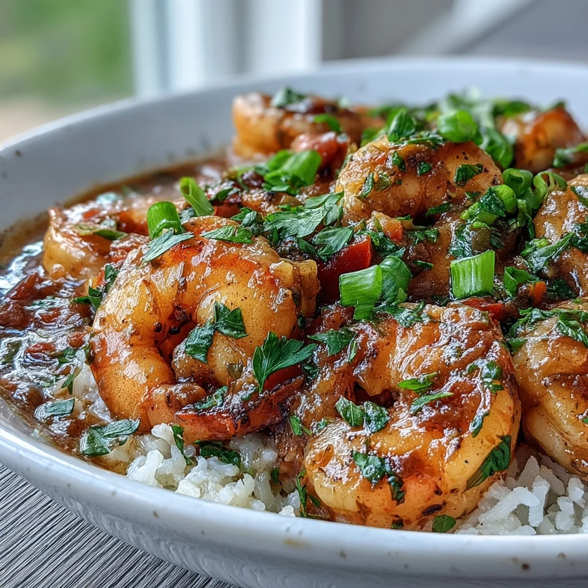A hearty bowl of Classic New Orleans Étouffée featuring tender shrimp, diced bell peppers, and celery in a savory Cajun sauce.
