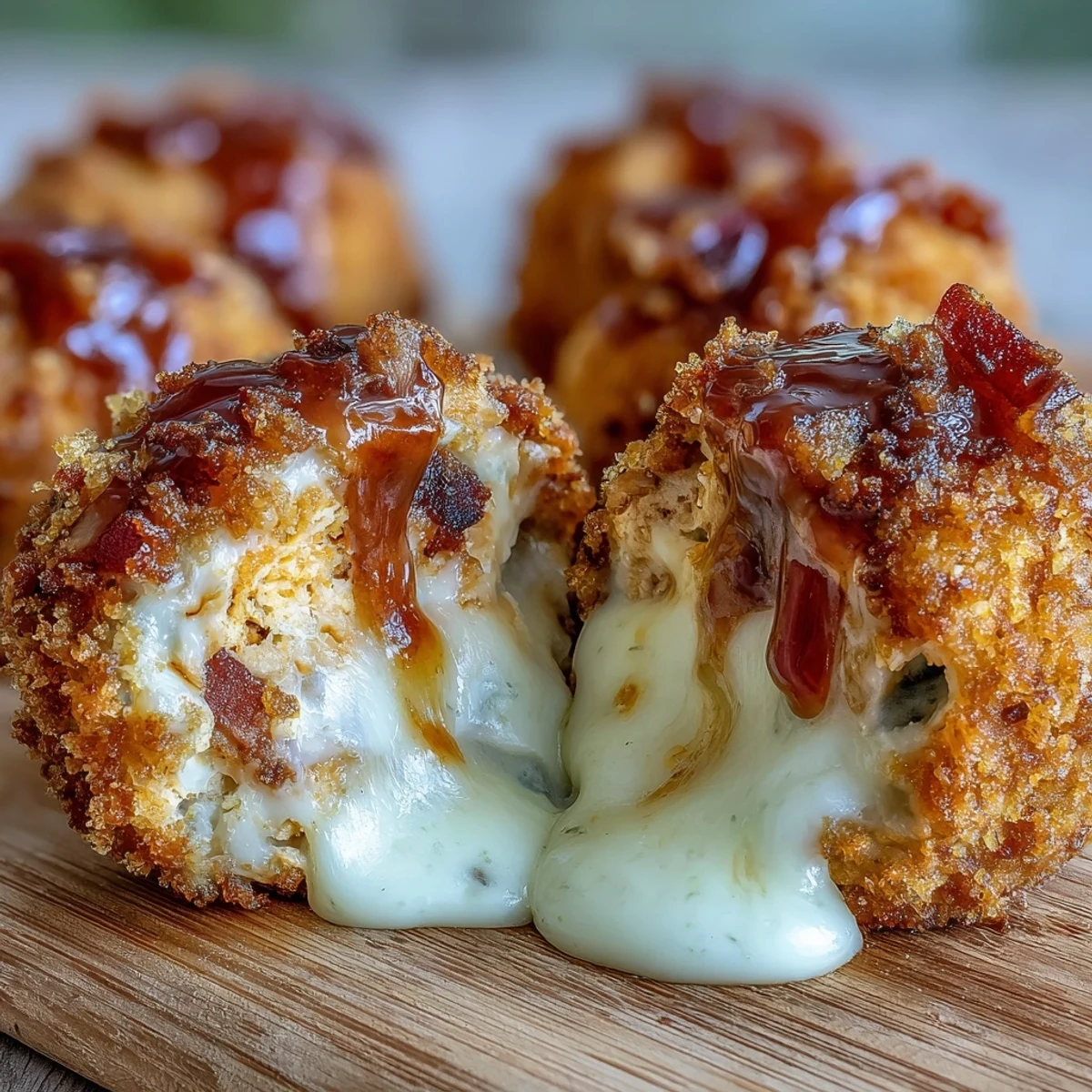 Crunchy panko-coated appetizer balls reveal melted mozzarella and spicy buffalo chicken when sliced open.