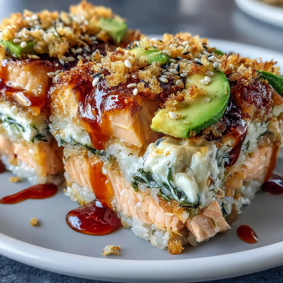 Freshly baked Spicy Salmon Sushi Bake with melted cheese and sesame seeds, ready to serve hot.