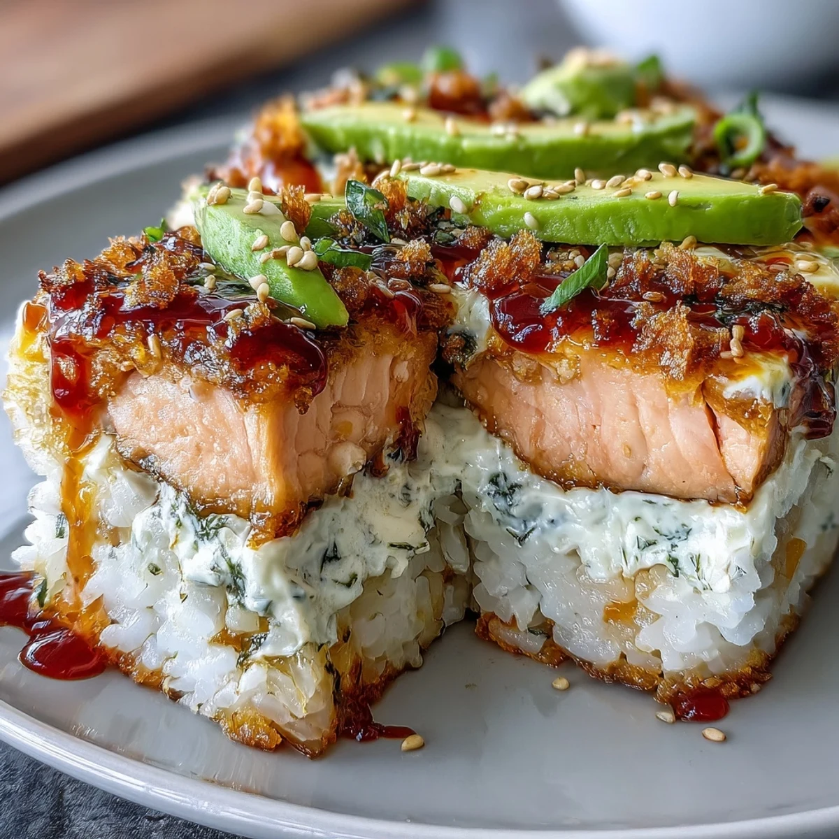Layered Spicy Salmon Sushi Bake with seasoned rice and spicy salmon, served with nori sheets for scooping.