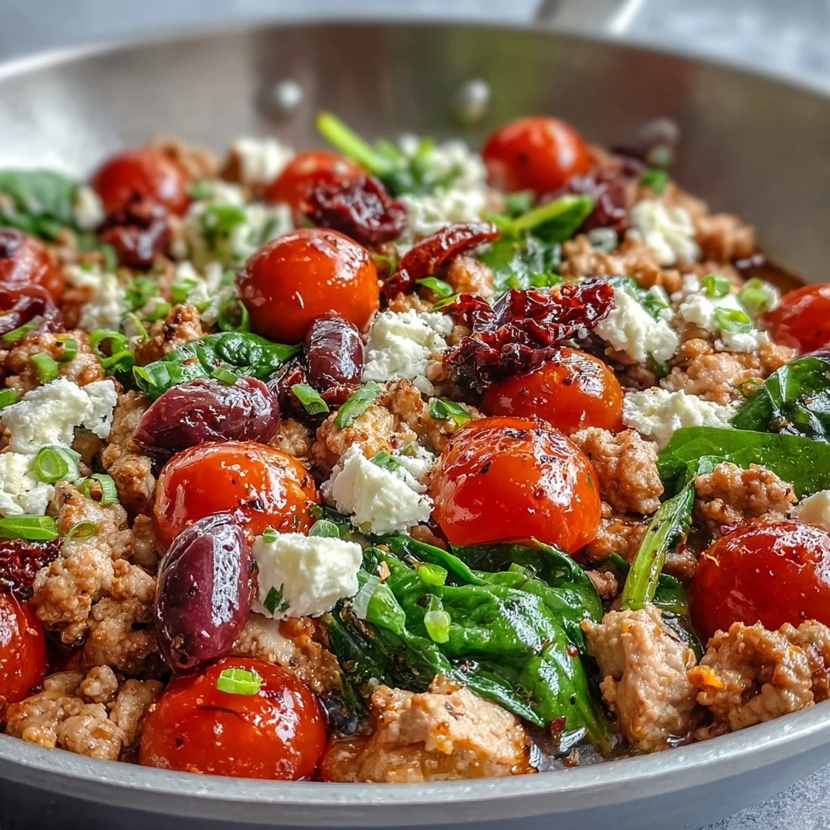 Ready to serve Mediterranean Keto Ground Chicken Skillet topped with creamy crumbled feta and fresh parsley, perfect for a low-carb weeknight dinner.