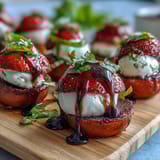 Vibrant strawberry caprese skewers with fresh mozzarella and basil, drizzled with sweet balsamic glaze, perfect for summer gatherings.