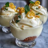 Creamy lemon mousse in individual cups paired with buttery shortbread cookies, garnished with lemon zest curls for a refreshing treat.
