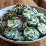 Refreshing Creamy Cucumber Dill Salad featuring thinly sliced cucumbers in a creamy, herb-infused dressing.  