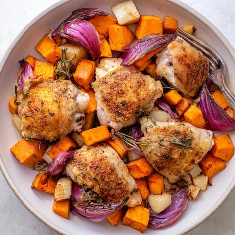 One-pan herb-roasted chicken with root vegetables, golden and aromatic straight from the oven.