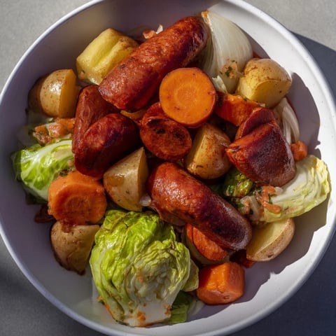 Golden-brown All-in-One Pan Sausage and Cabbage Bake, perfect for a cozy weeknight meal.