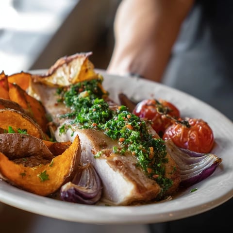 Golden-brown one-tray baked trout, tender and flaky, surrounded by roasted vegetables.