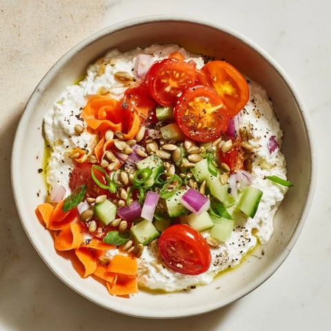 Vibrant Cottage Cheese Snack Bowl topped with fresh veggies, sunflower seeds, and a drizzle of olive oil.